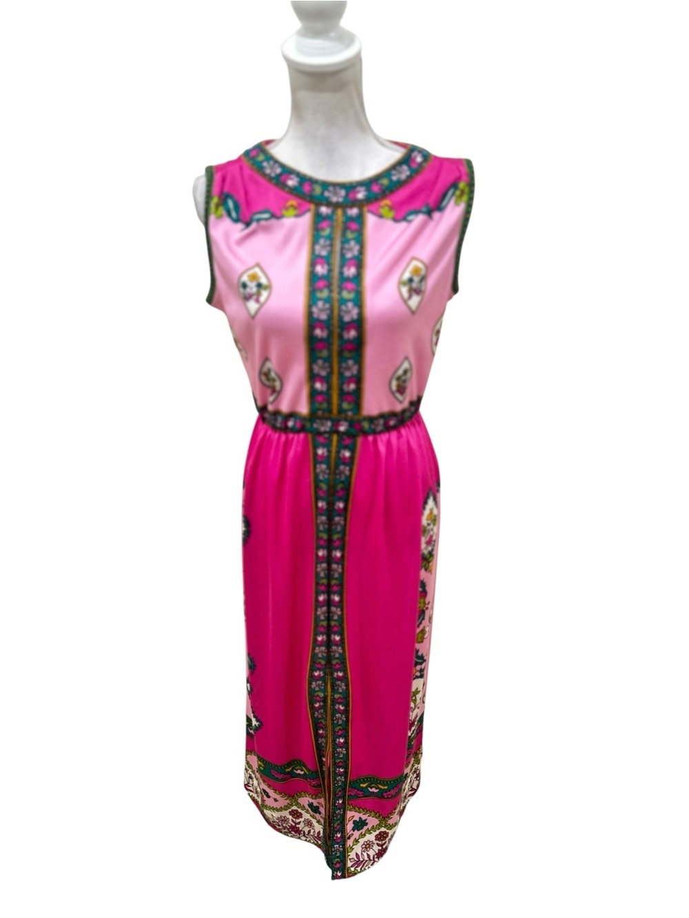 Vtg ‘70s paganne by gene berk Qiana pink Sleeveless Maxi Dress Floral Trim 12